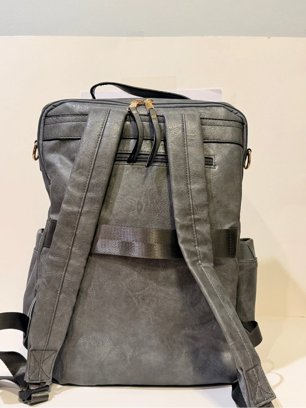 NWOT MyFriday Gray Faux/PU Leather Backpack with Striped Detachable Strap
